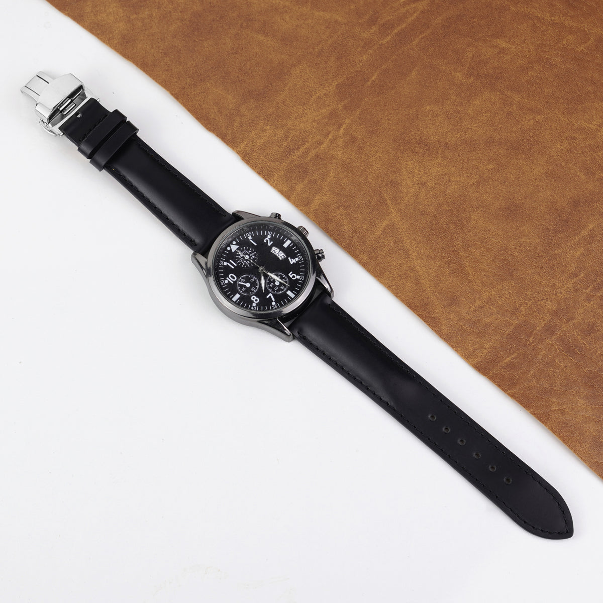 Padded Black Full Grain Leather Watch Strap with Deployment Clasp