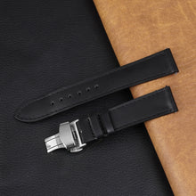 Black Flat Full Grain Leather Watch Strap with Deployment Clasp  Description: