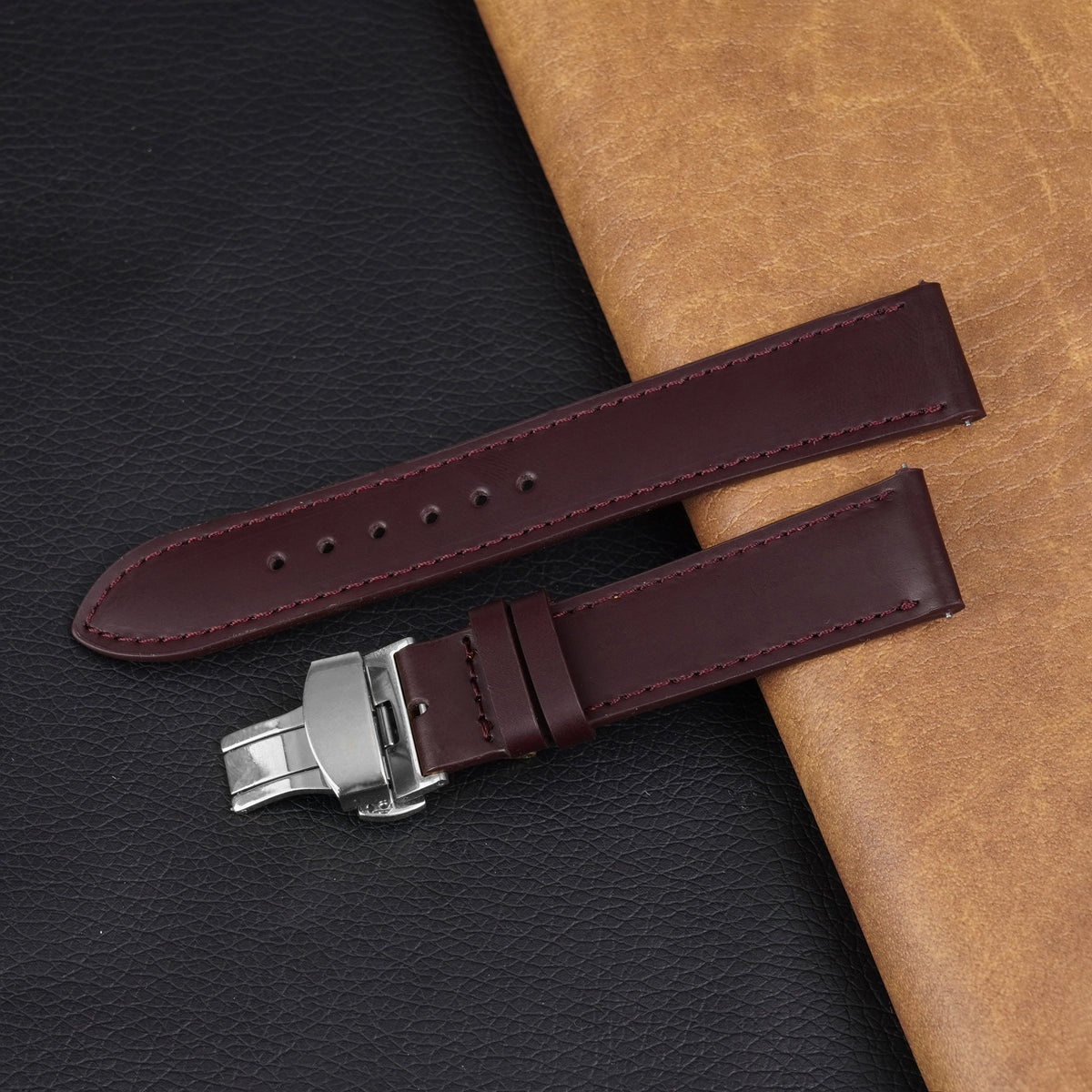 Burgundy Flat Full Grain Leather Watch Strap with Deployment Clasp