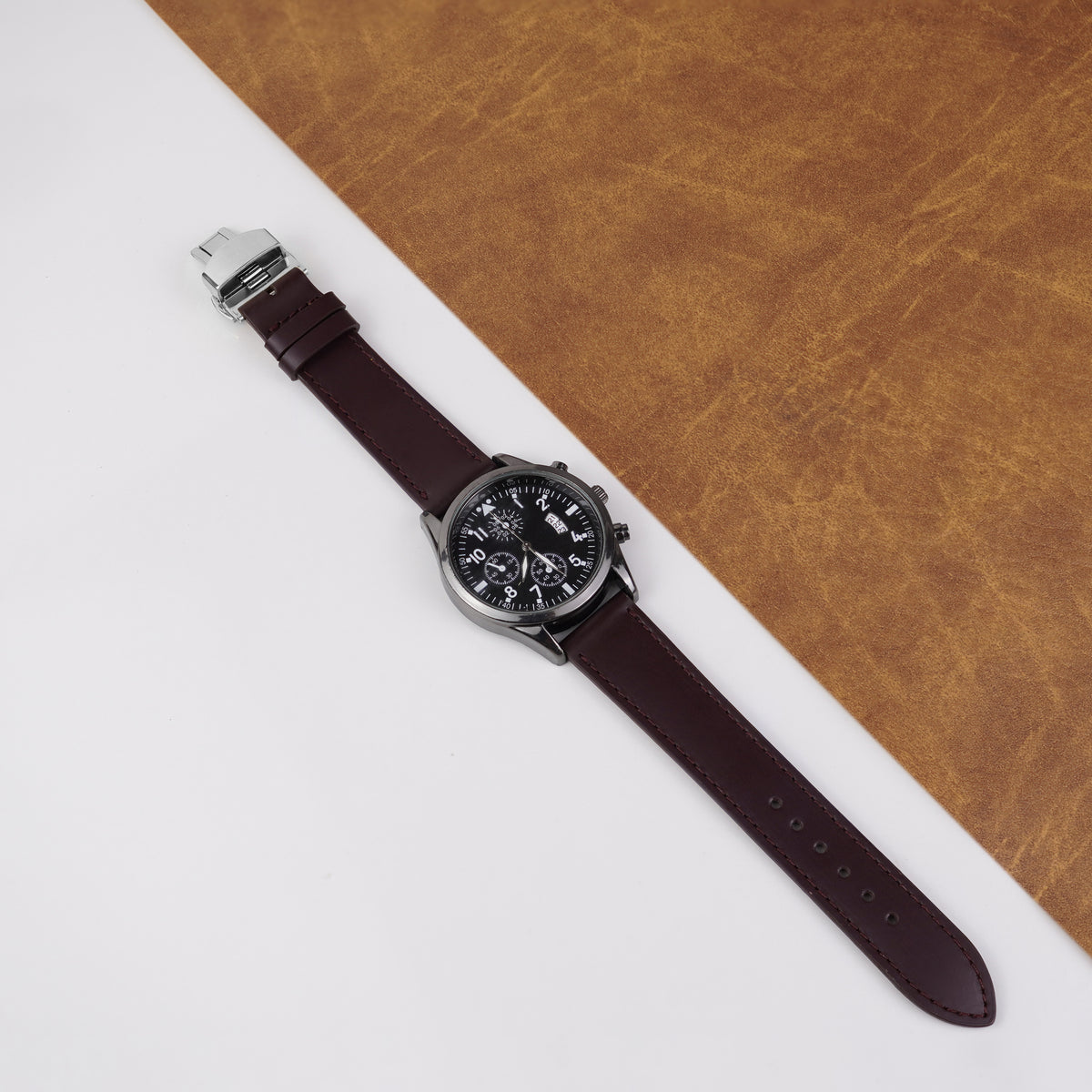 Burgundy Flat Full Grain Leather Watch Strap with Deployment Clasp