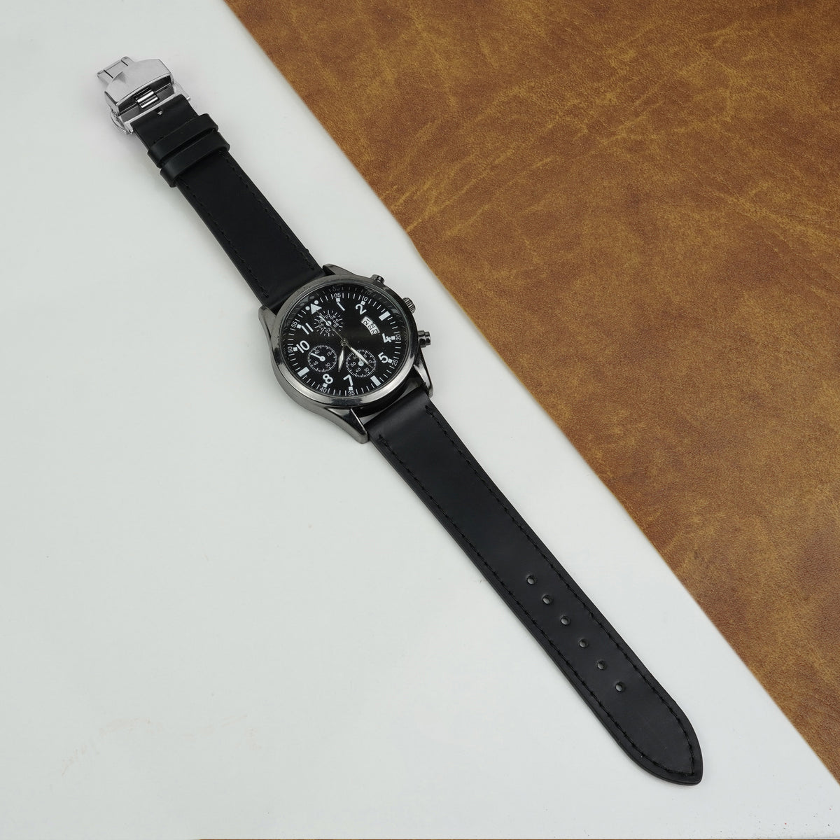 Black Flat Full Grain Leather Watch Strap with Deployment Clasp  Description: