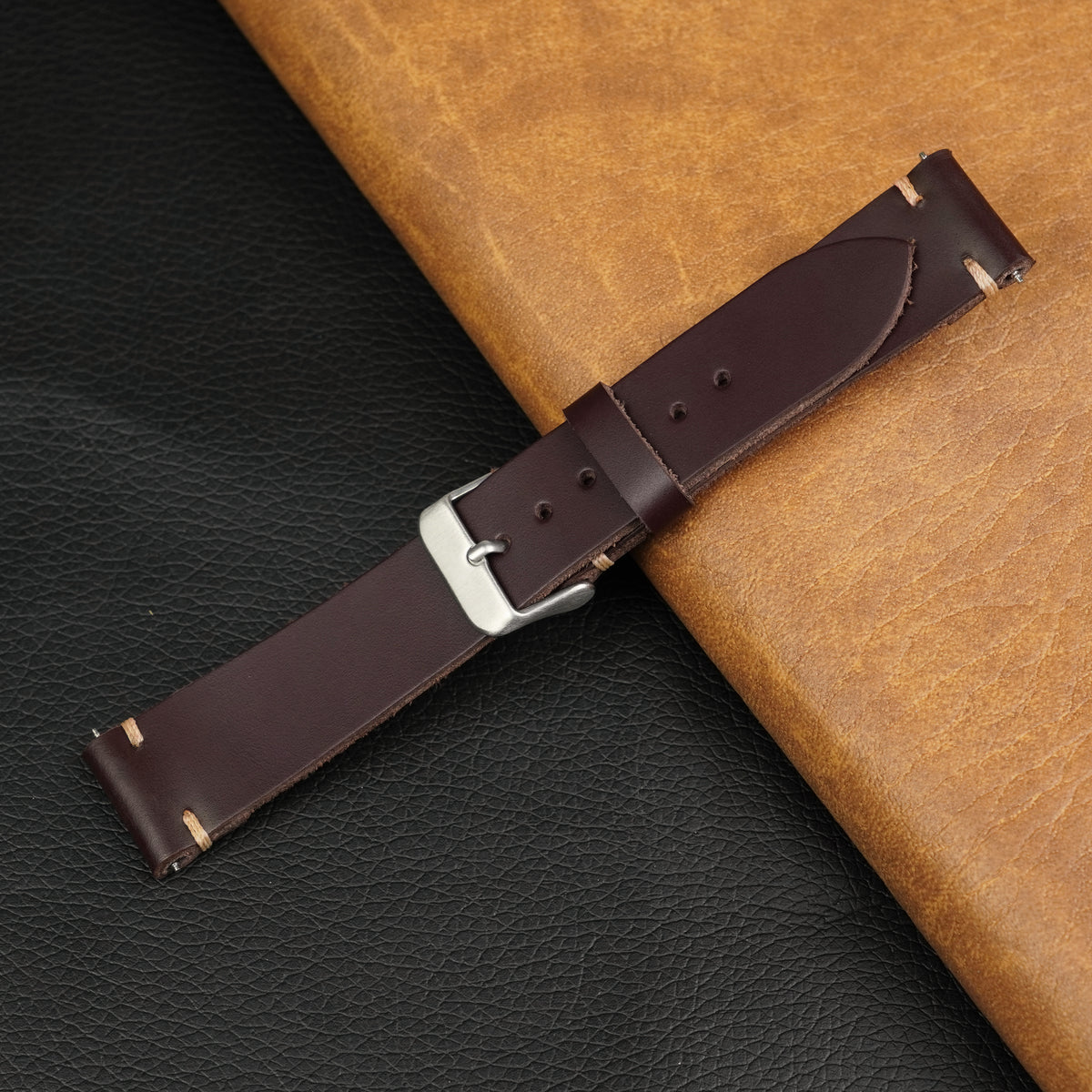 Vintage Slim Hand-Stitched Burgundy Leather Watch Band