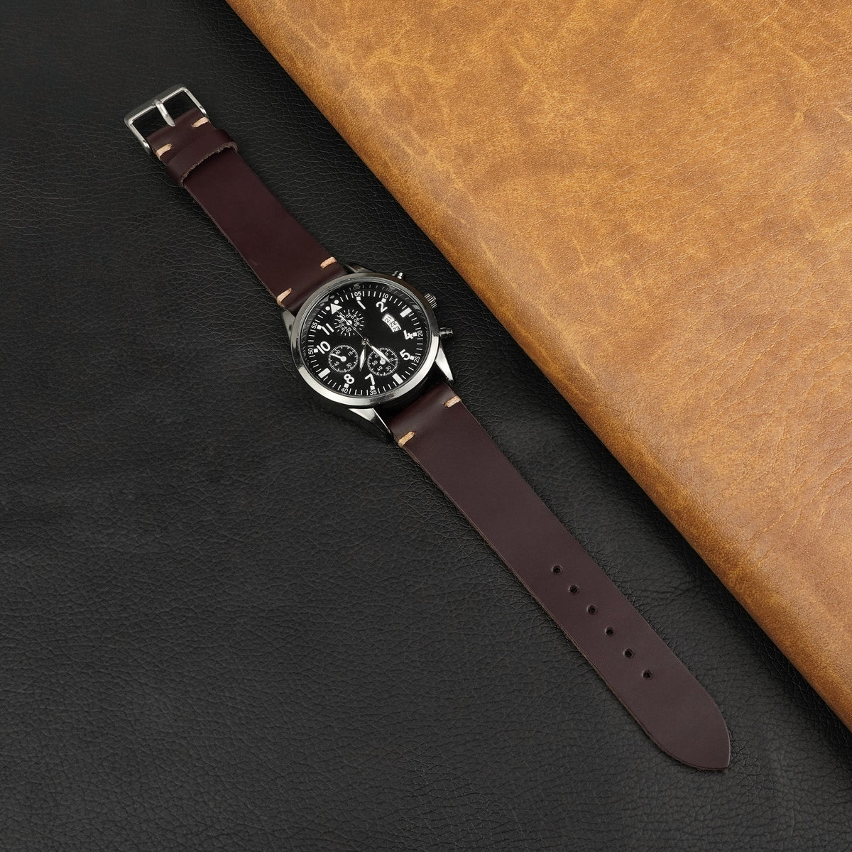 Vintage Slim Hand-Stitched Burgundy Leather Watch Band