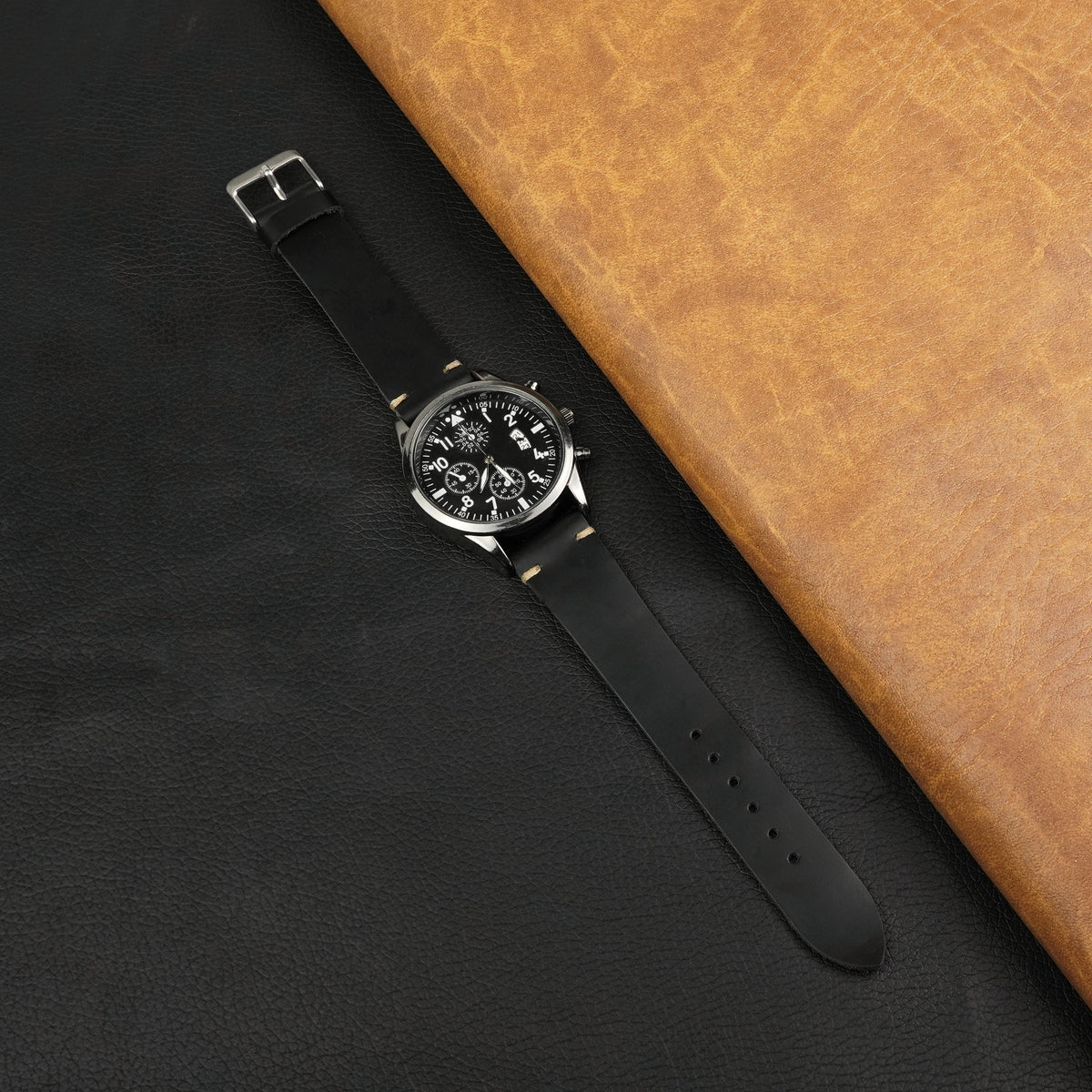 Vintage Slim Hand-Stitched Black Leather Watch Band