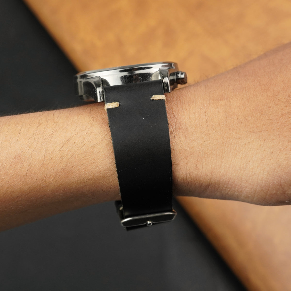 Vintage Slim Hand-Stitched Black Leather Watch Band