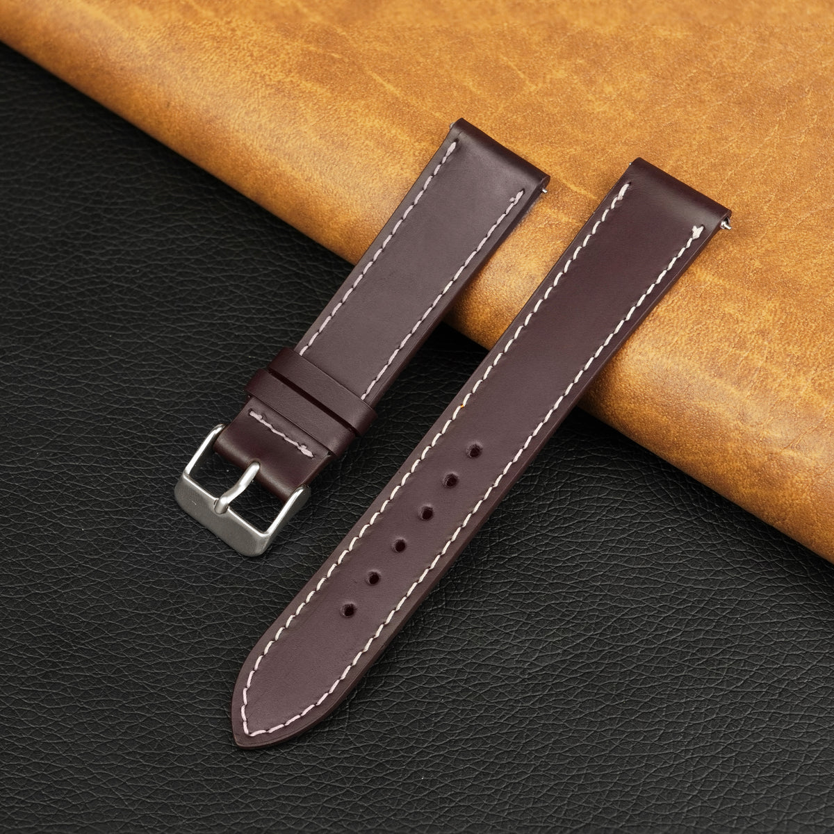 Flat Burgundy Full Grain Watch Strap with White Stitching Quick Release