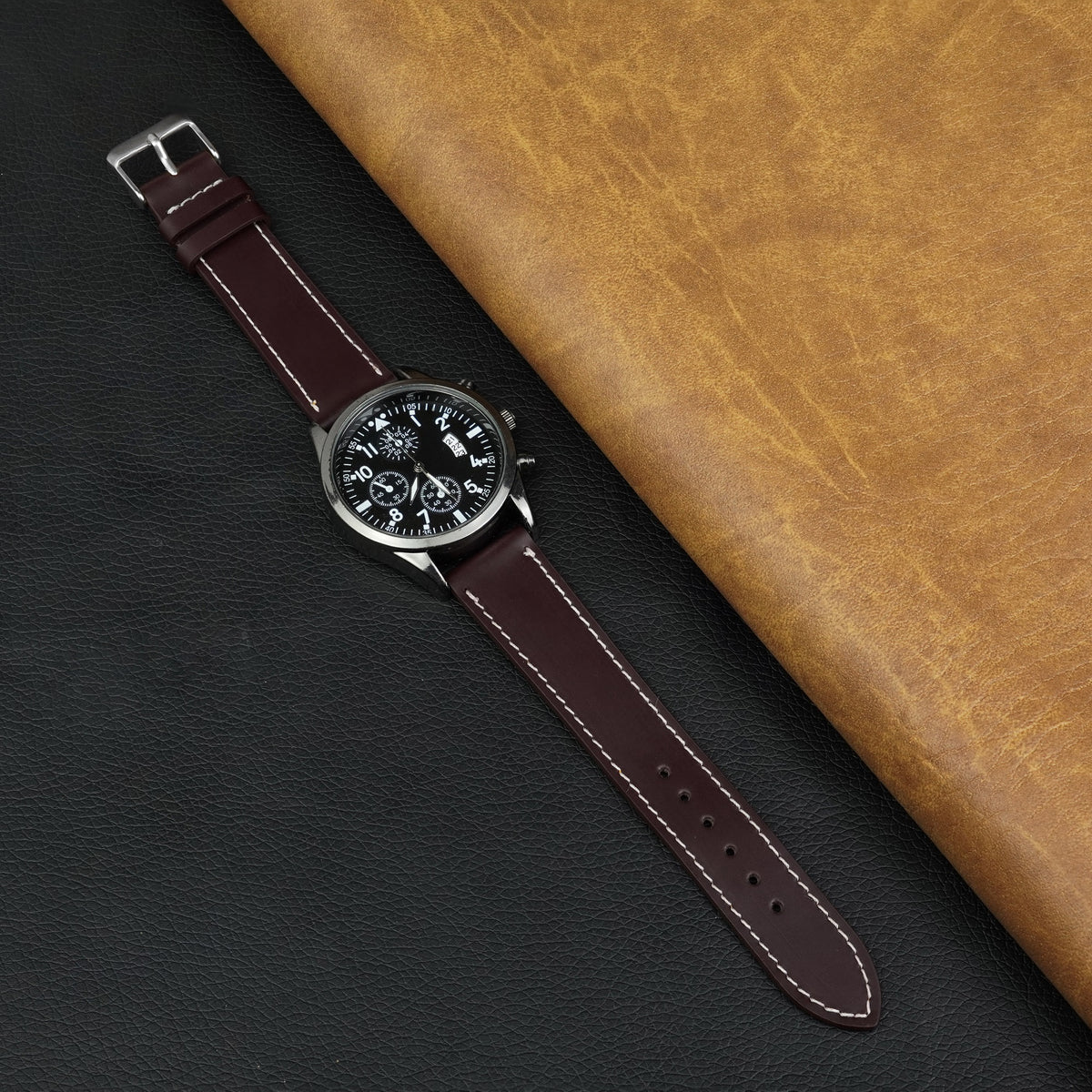 Flat Burgundy Full Grain Watch Strap with White Stitching Quick Release