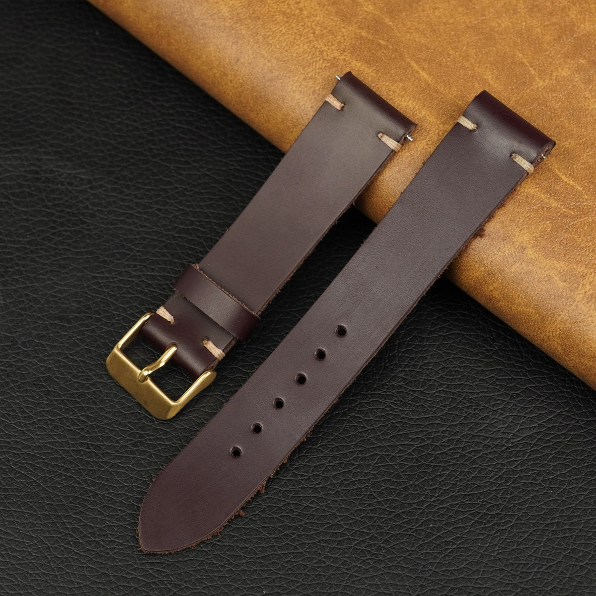 Vintage Slim Hand-Stitched Burgundy Leather Watch Band