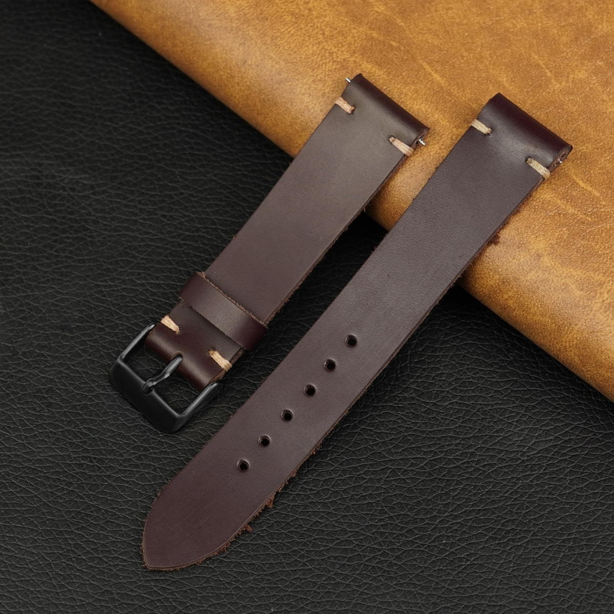 Vintage Slim Hand-Stitched Burgundy Leather Watch Band
