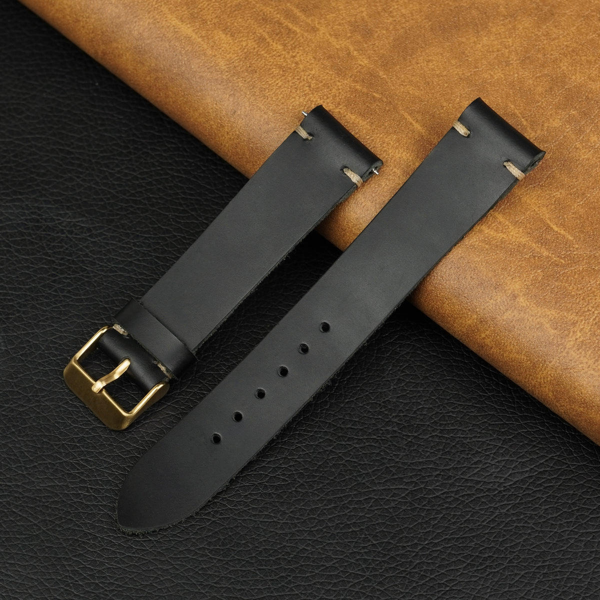 Vintage Slim Hand-Stitched Black Leather Watch Band