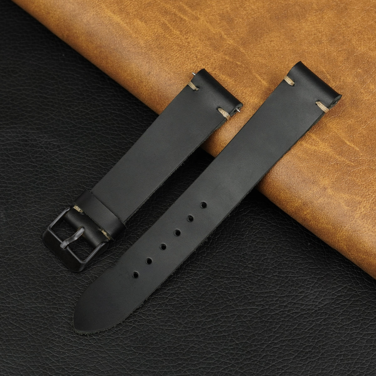 Vintage Slim Hand-Stitched Black Leather Watch Band