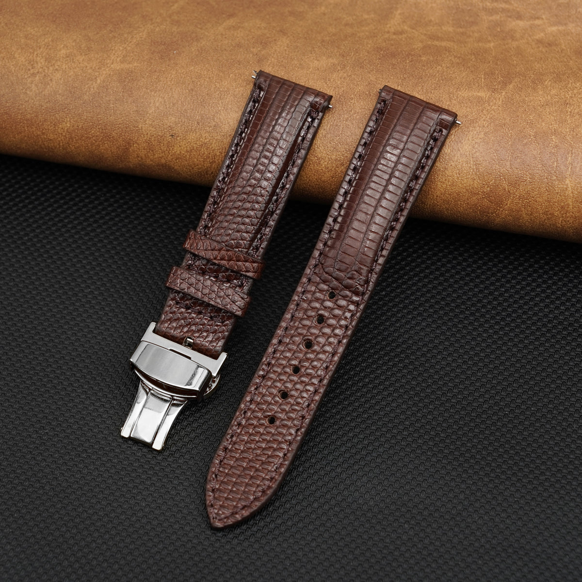 Brown Lizard Leather Watch Strap with Deployment Clasp