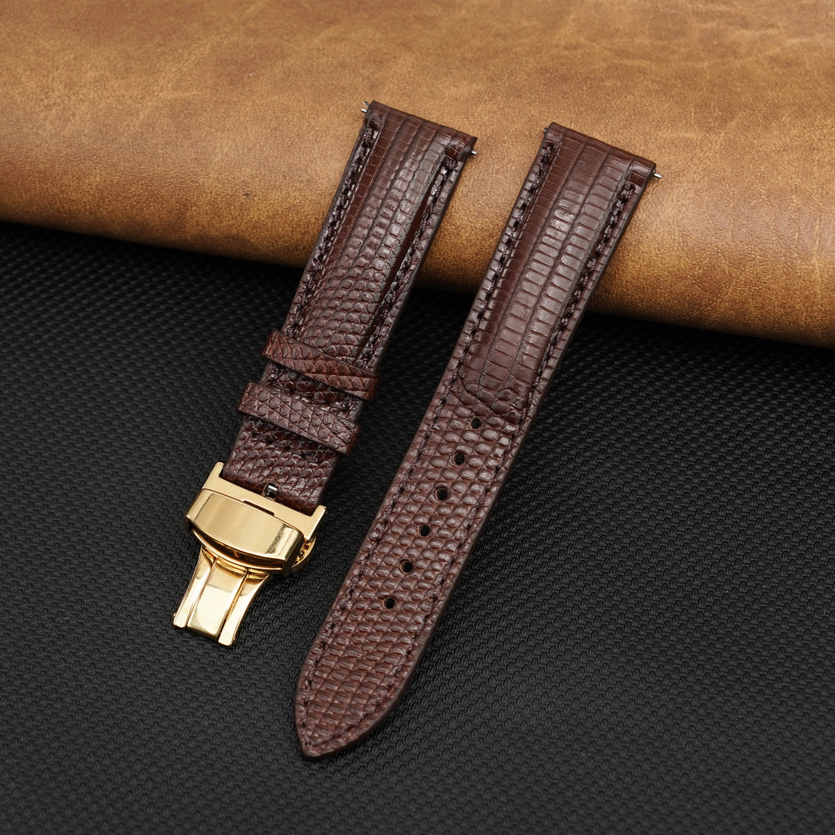 Brown Lizard Leather Watch Strap with Deployment Clasp