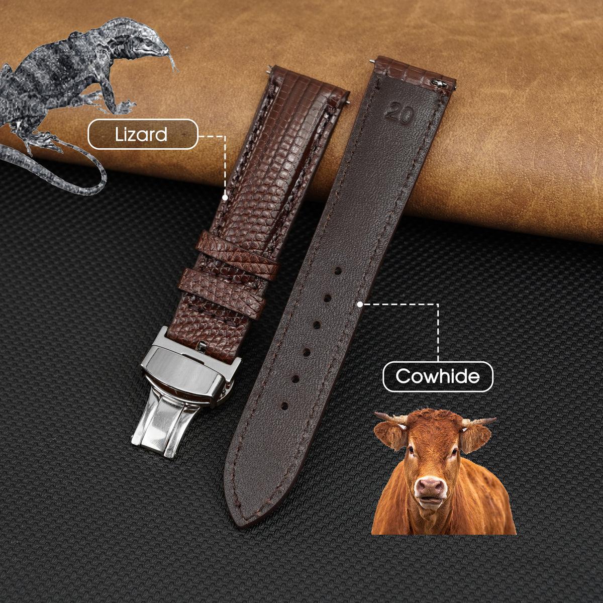 Brown Lizard Leather Watch Strap with Deployment Clasp