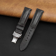 Black Lizard Leather Watch Strap with Deployment Clasp