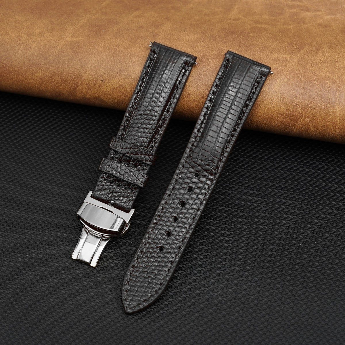 Black Lizard Leather Watch Strap with Deployment Clasp
