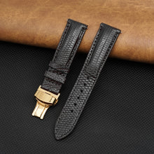 Black Lizard Leather Watch Strap with Deployment Clasp
