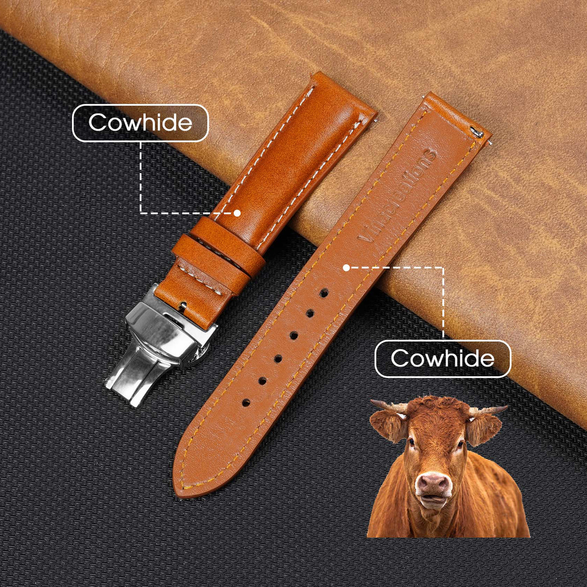 Tan Brown Full Grain Watch Strap with White Stitching and Deployment Clasp