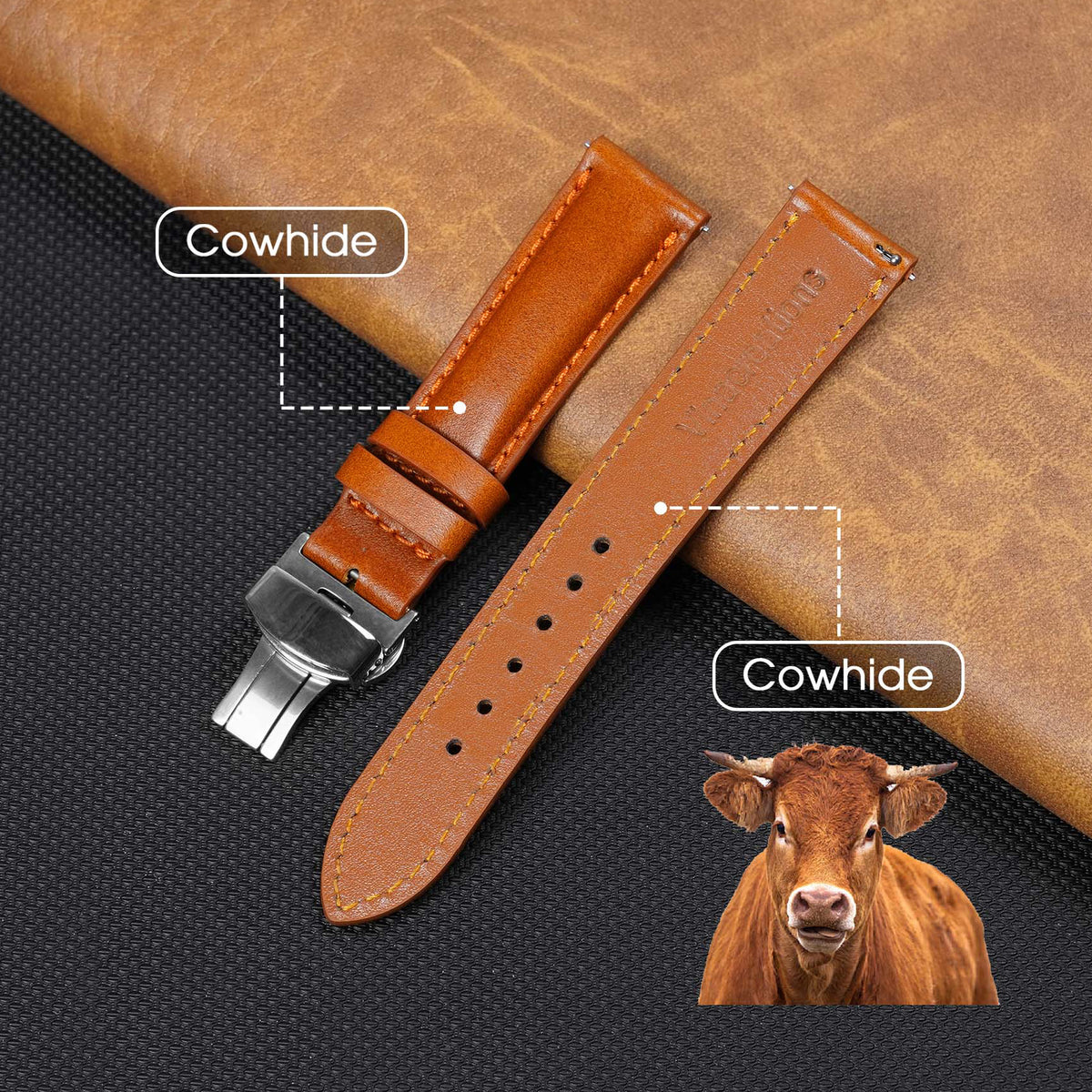 Padded Tan Brown Full Grain Leather Watch Strap with Deployment Clasp