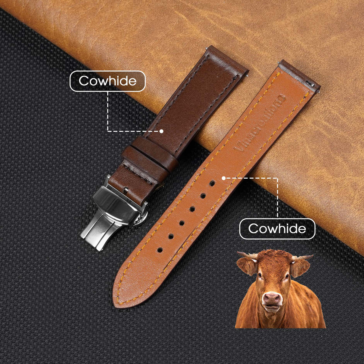 Brown Flat Full Grain Leather Watch Strap with Deployment Clasp