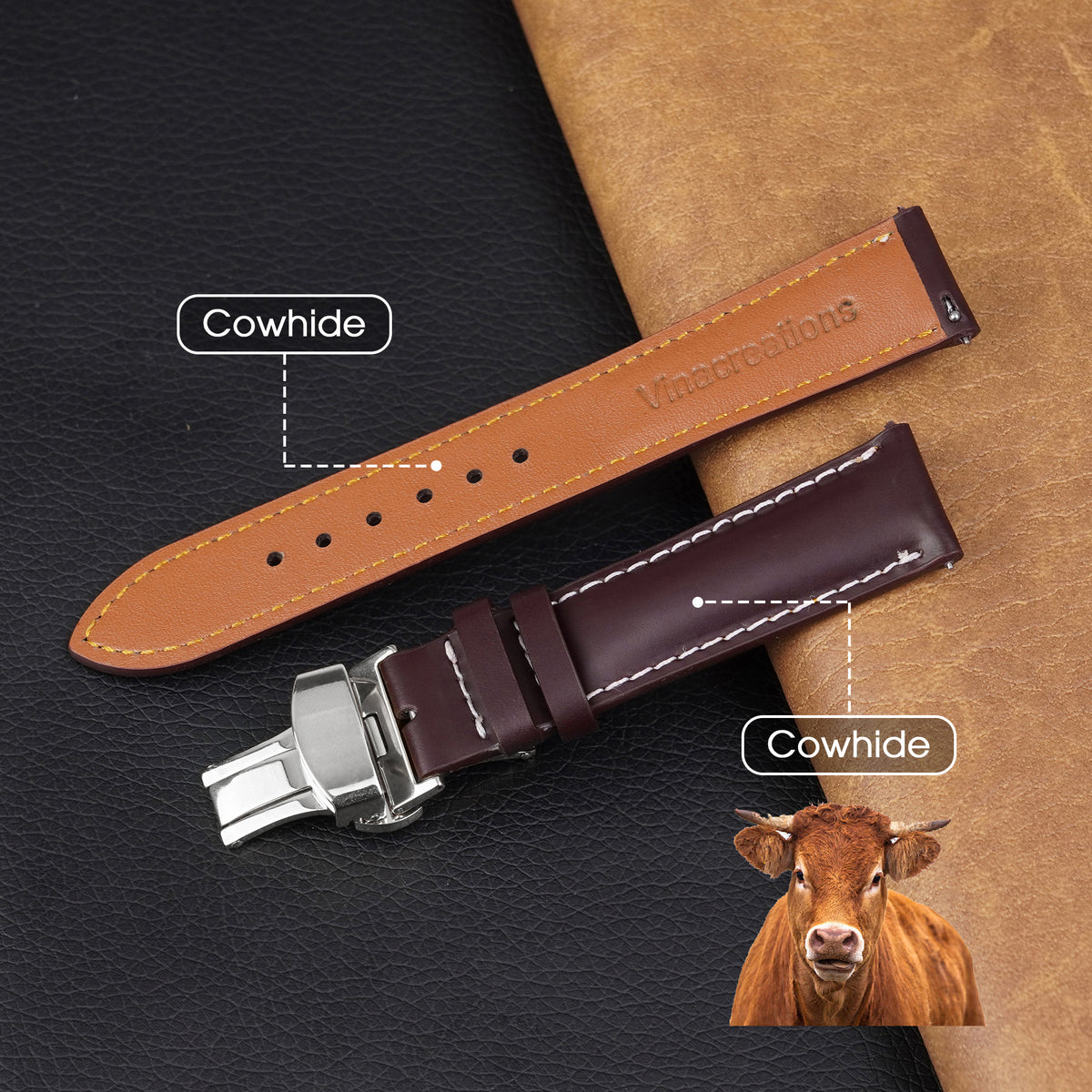 Burgundy Full Grain Watch Strap with White Stitching and Deployment Clasp