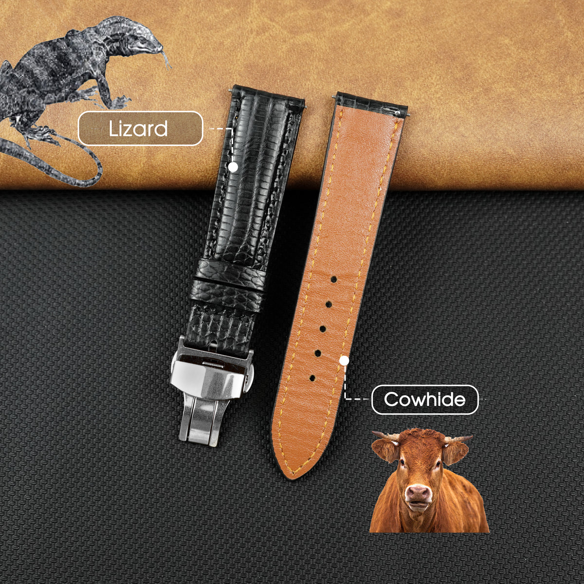 Black Lizard Leather Watch Strap with Deployment Clasp