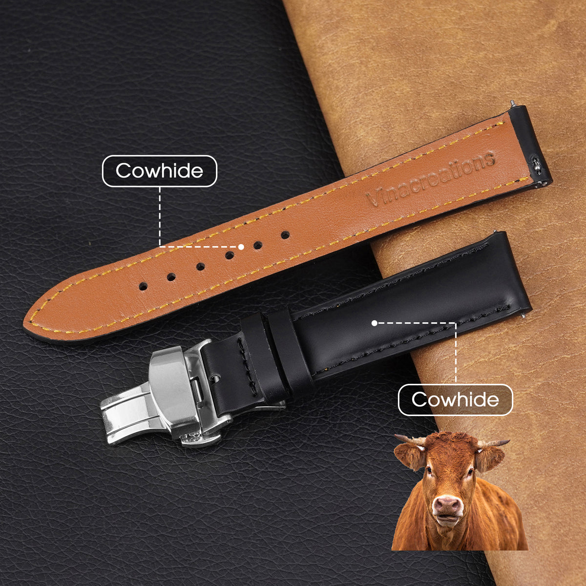 Padded Black Full Grain Leather Watch Strap with Deployment Clasp