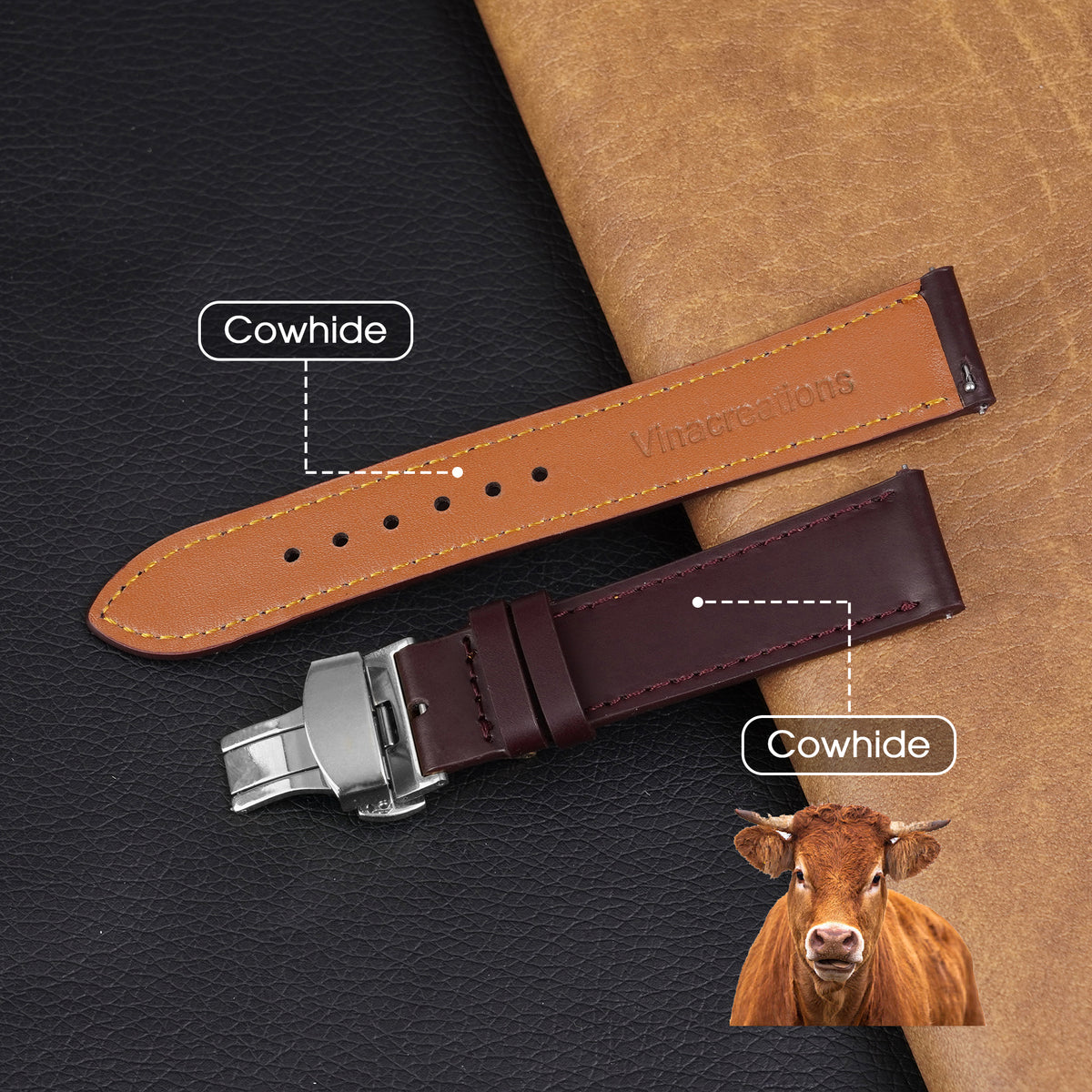 Burgundy Flat Full Grain Leather Watch Strap with Deployment Clasp