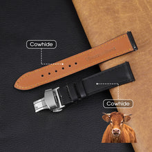 Black Flat Full Grain Leather Watch Strap with Deployment Clasp  Description: