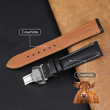 Black Full Grain Watch Strap with White Stitching and Deployment Clasp