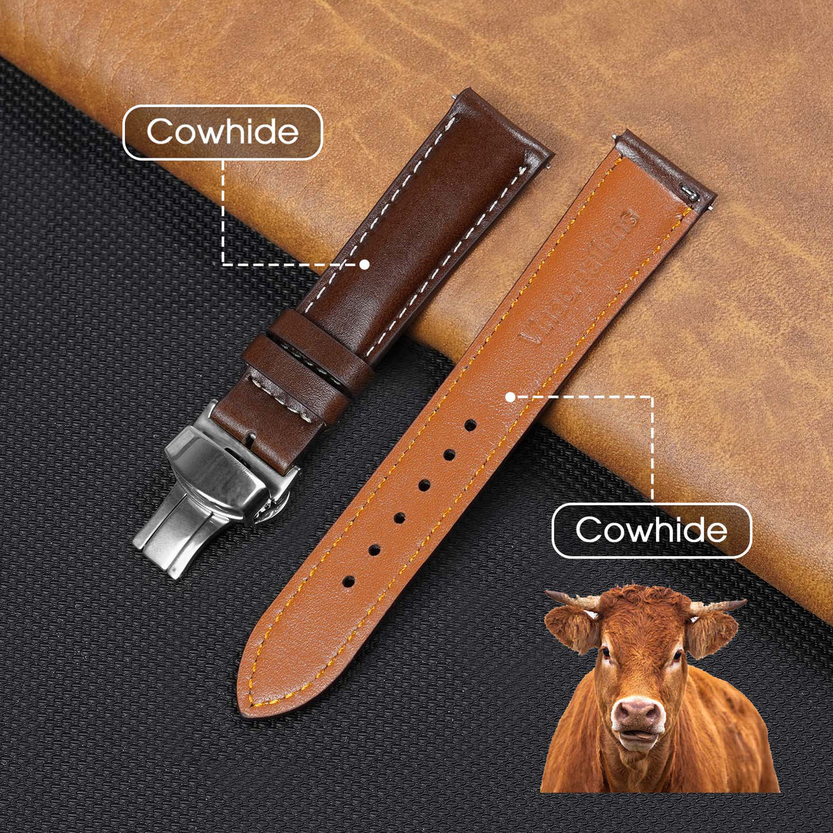 Brown Full Grain Watch Strap with White Stitching and Deployment Clasp