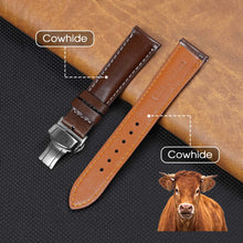 Brown Full Grain Watch Strap with White Stitching and Deployment Clasp