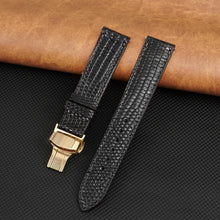 Black Flat Lizard Leather Watch Strap with Deployment Clasp