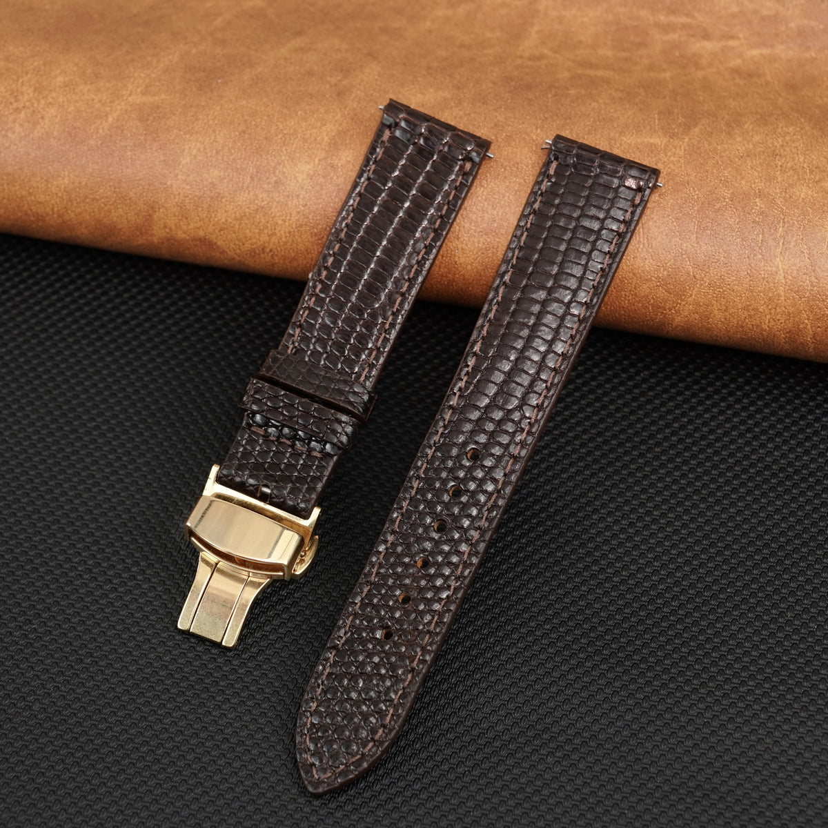 Brown Flat Lizard Leather Watch Strap with Deployment Clasp
