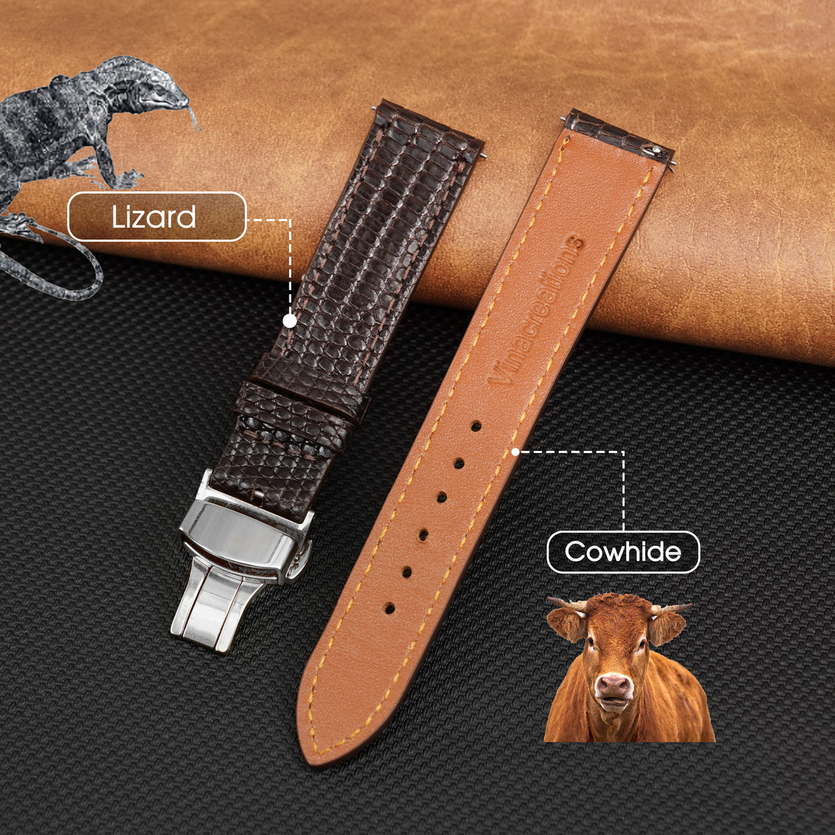 Brown Flat Lizard Leather Watch Strap with Deployment Clasp