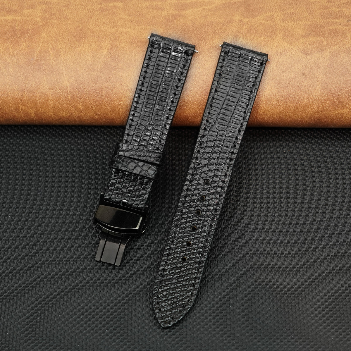 Black Flat Lizard Leather Watch Strap with Deployment Clasp