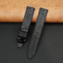 Black Flat Lizard Leather Watch Strap with Deployment Clasp