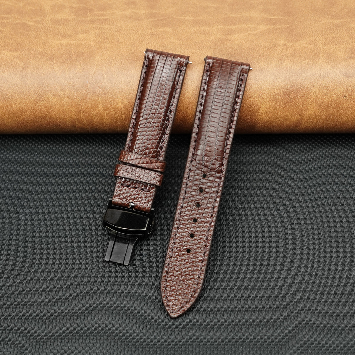 Brown Lizard Leather Watch Strap with Deployment Clasp