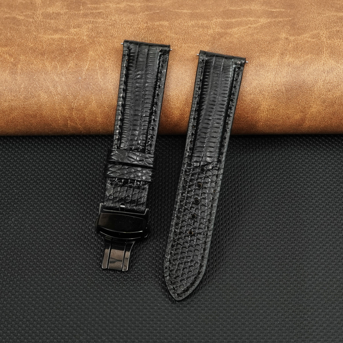 Black Lizard Leather Watch Strap with Deployment Clasp