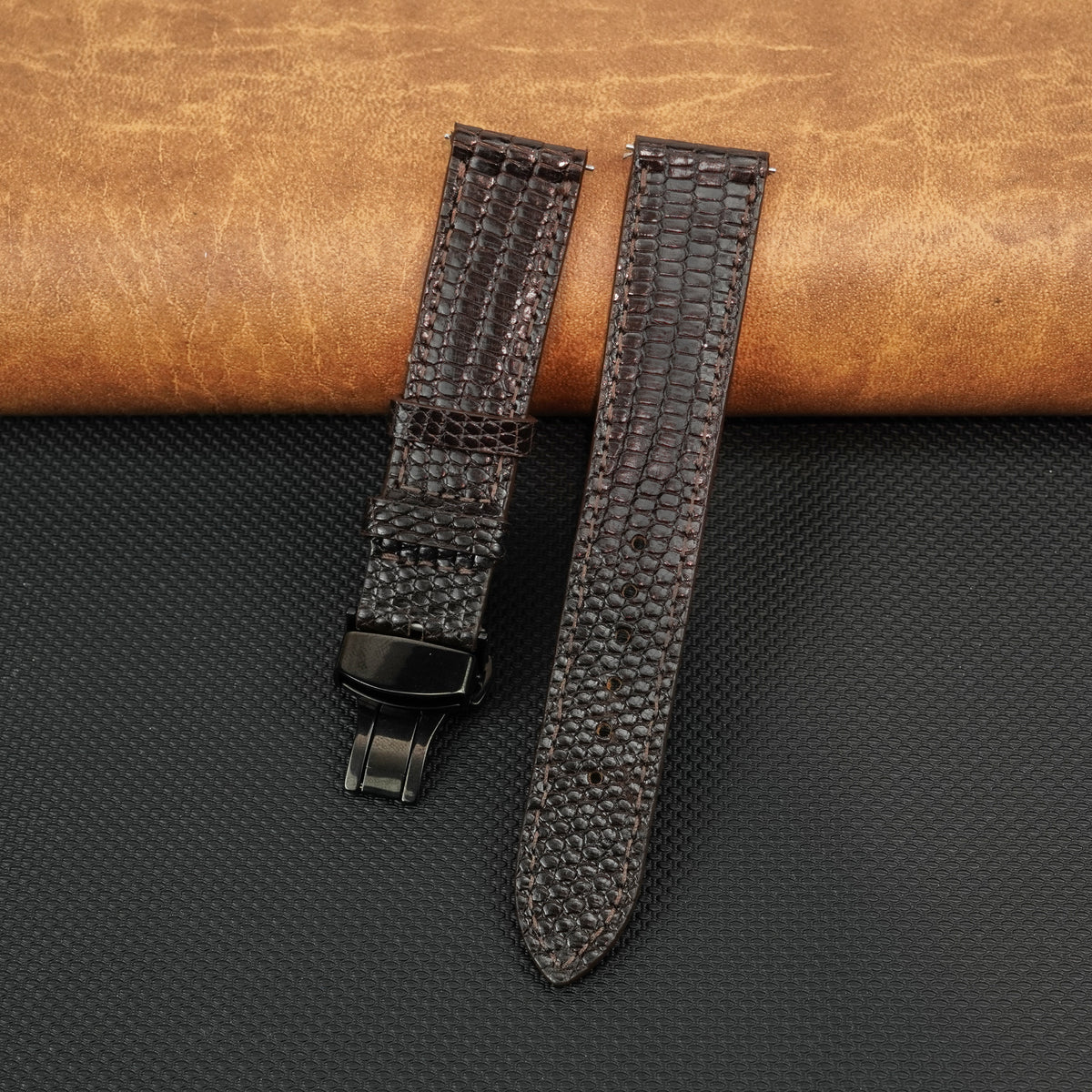 Brown Flat Lizard Leather Watch Strap with Deployment Clasp