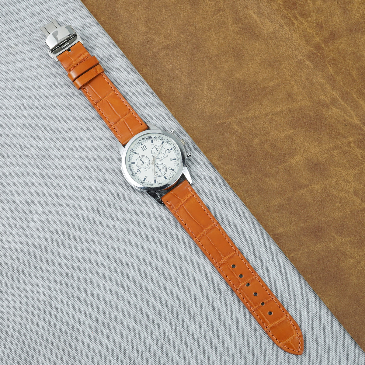 Orange Flat Alligator Belly Leather Watch Strap with Deployment Clasp