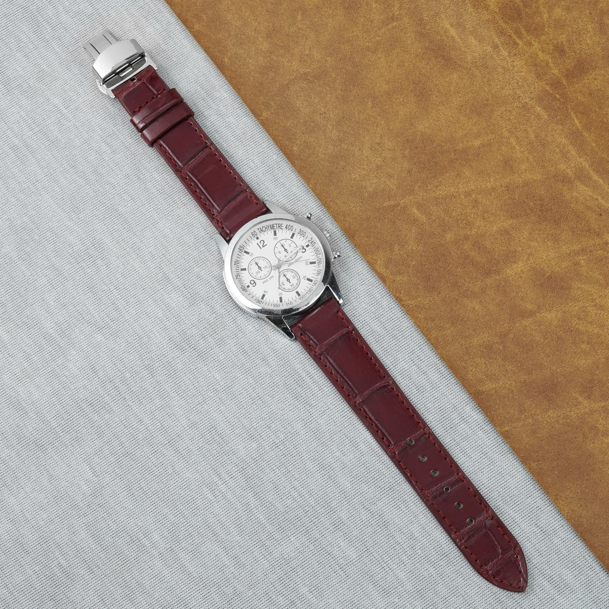 Burgundy Flat Alligator Belly Leather Watch Strap with Deployment Clasp