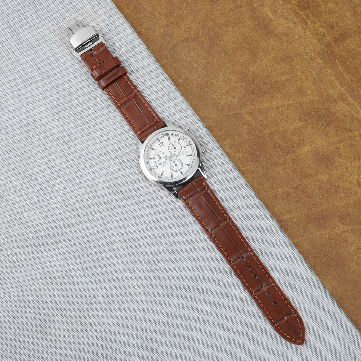 Light Brown Flat Alligator Belly Leather Watch Strap with Deployment Clasp
