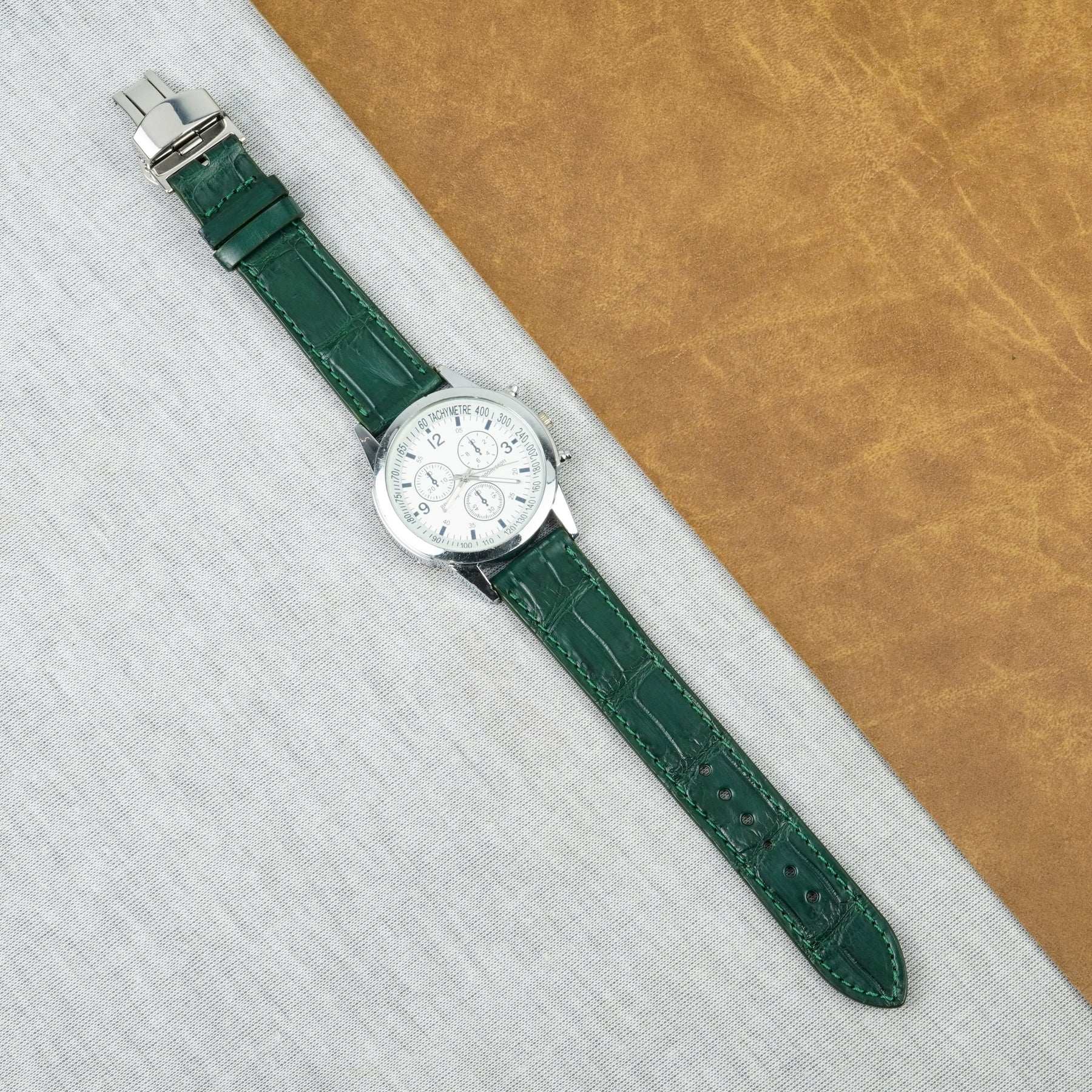 Green Flat Alligator Belly Leather Watch Strap with Deployment Clasp
