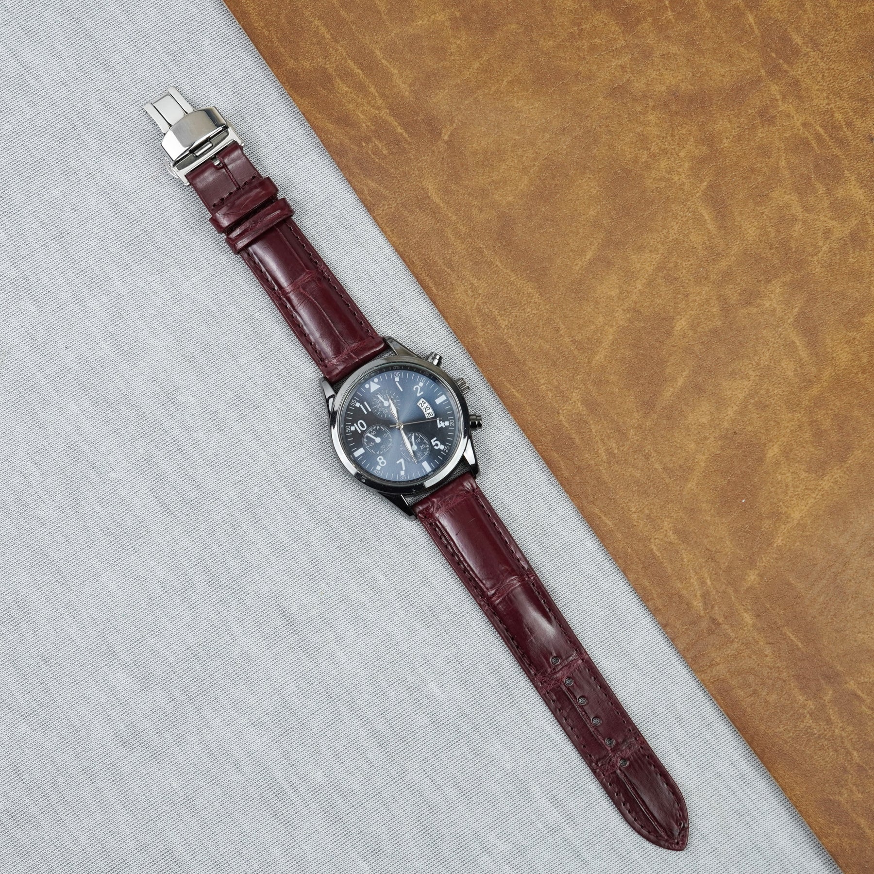 Burgundy Alligator Leather Watch Strap with Deployment Clasp