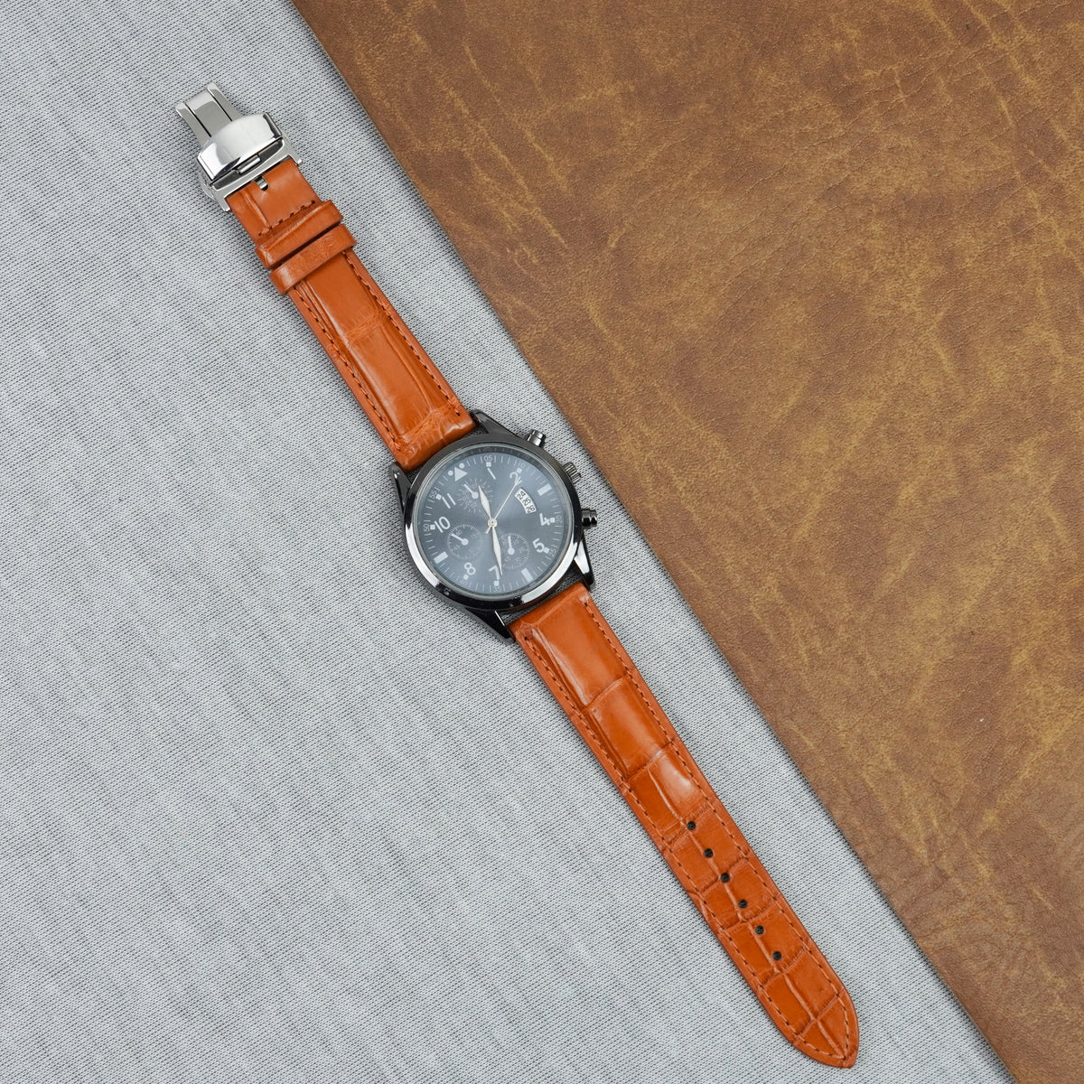 Orange Alligator Leather Watch Strap with Deployment Clasp