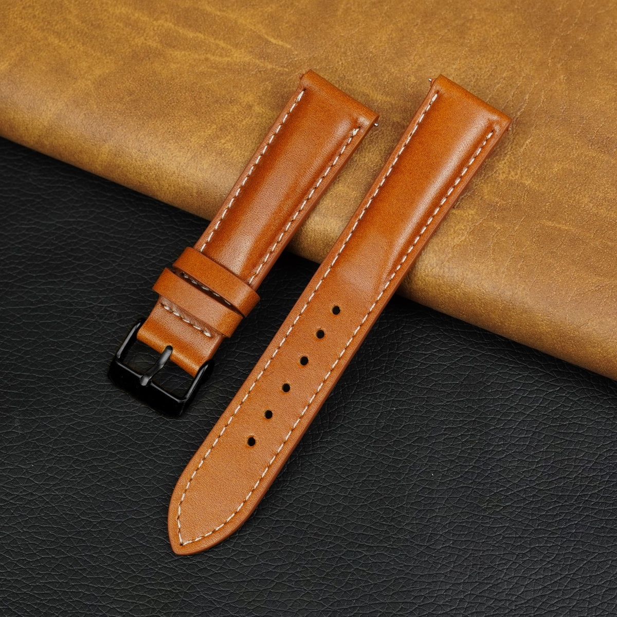 Padded Tan Brown Full Grain Watch Strap with White Stitching Quick Release