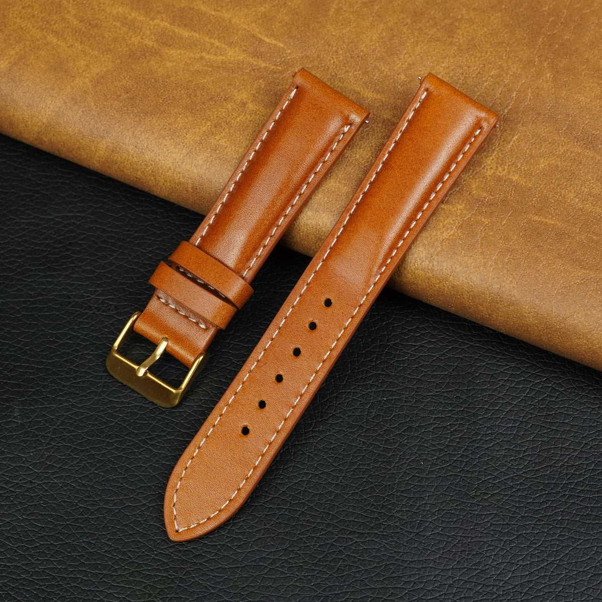 Padded Tan Brown Full Grain Watch Strap with White Stitching Quick Release
