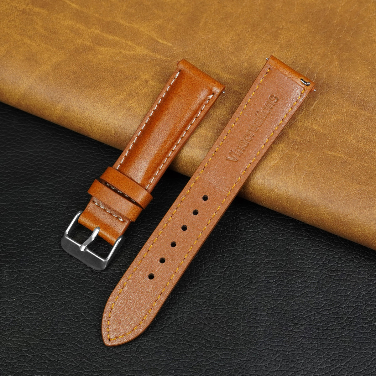 Padded Tan Brown Full Grain Watch Strap with White Stitching Quick Release