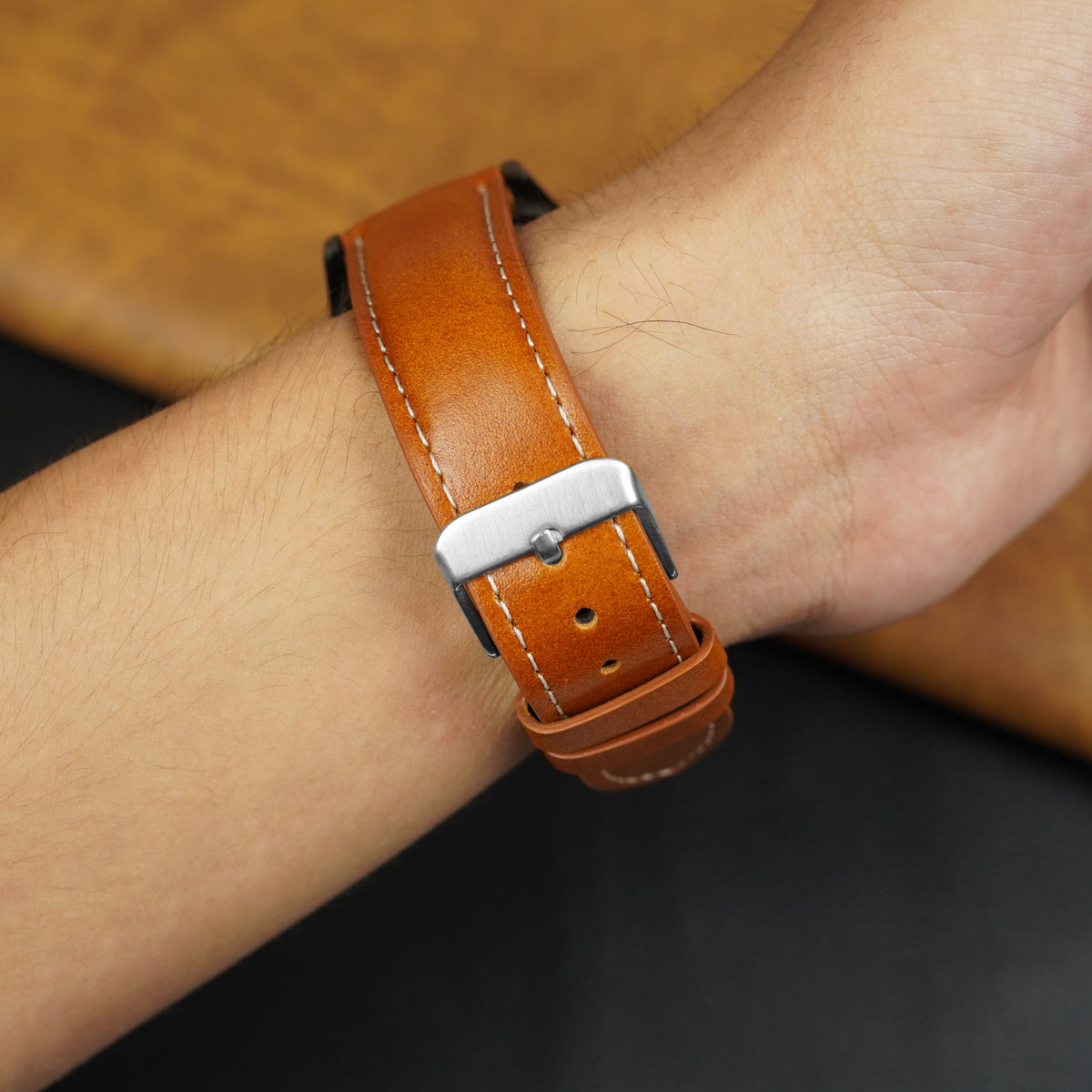 Padded Tan Brown Full Grain Watch Strap with White Stitching Quick Release